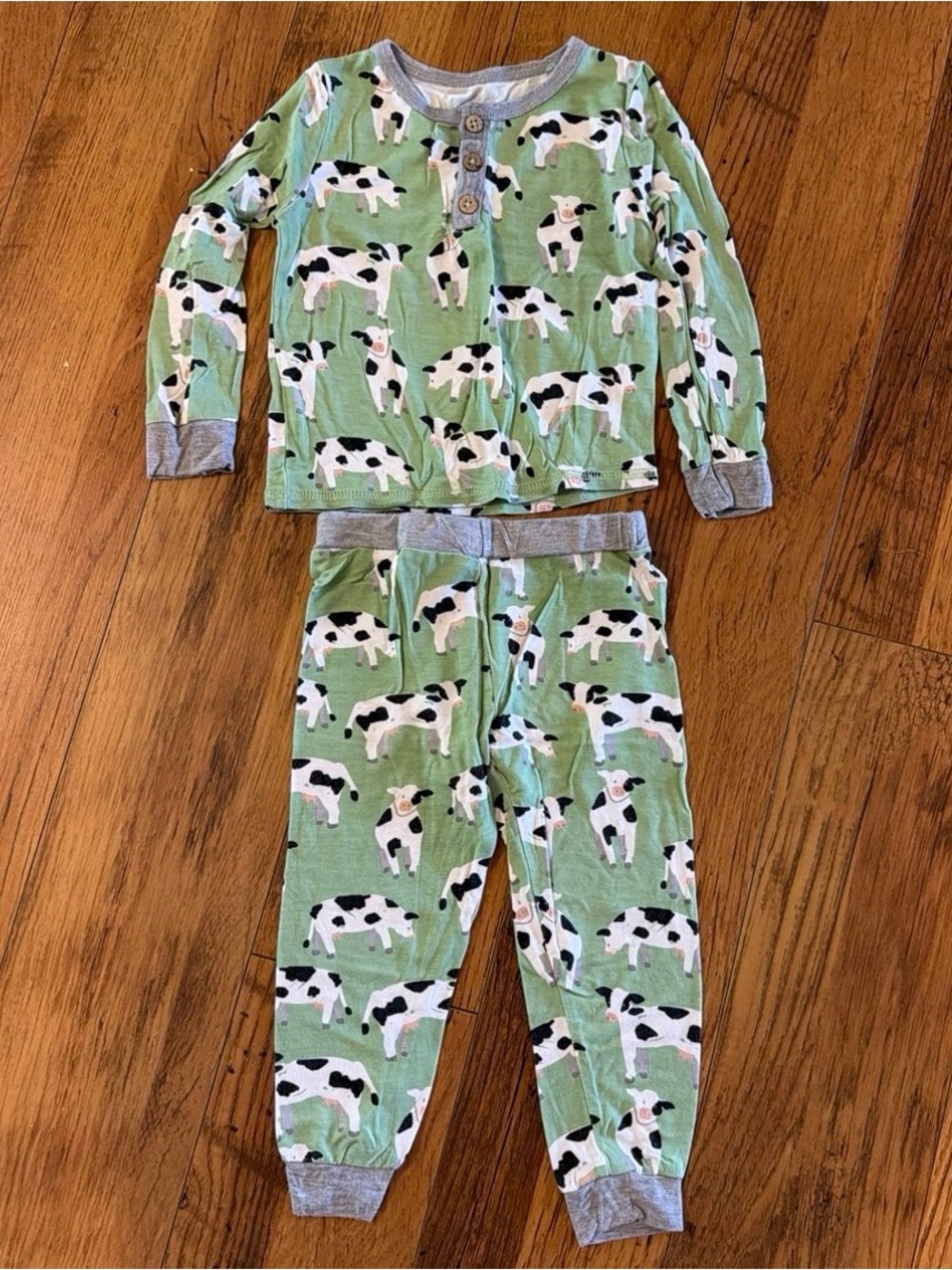 Mud Pie Green Cow-Print Kids Pajama Set
